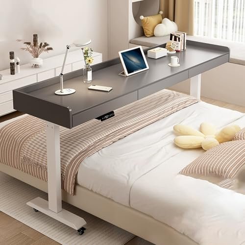 Mobile Electric Adjustable Height Bed Desk with Drawer, Home overbed Table with Wheels, Hospital Rolling Bed Table, Over The Bed Working Table for Laptop, Bedroom overbed