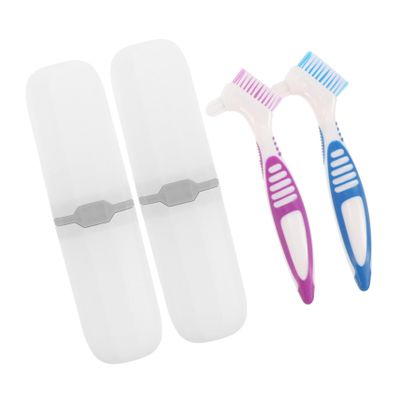 IWOWHERO 2sets Travel Toothbrush Holder Set Denture Toothbrush Pack Double Sided Brush Braces Cleaner Portable Brush for Denture Cleaning for Home Travel and Oral Care