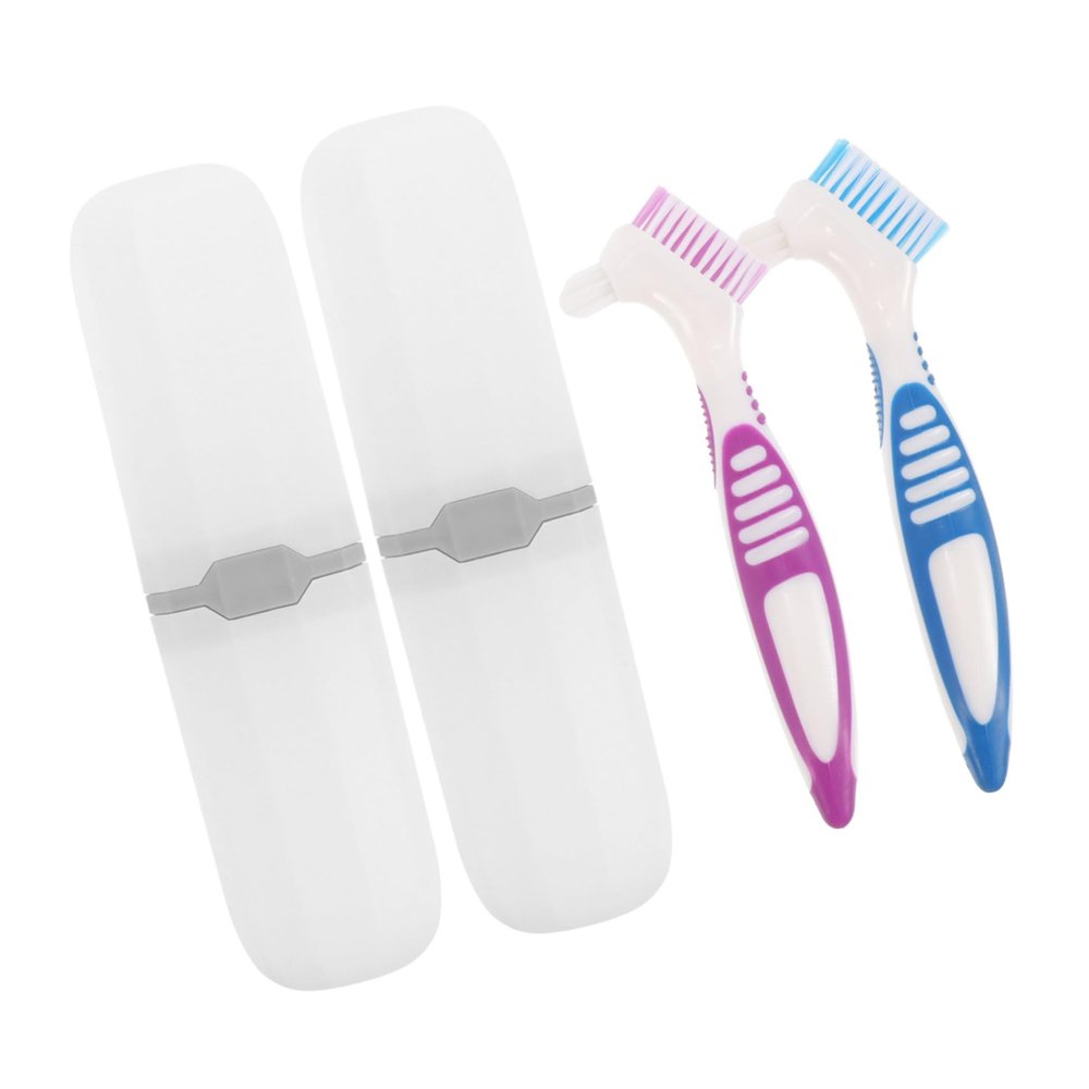 IWOWHERO 2sets Travel Toothbrush Holder Set Denture Toothbrush Pack Double Sided Brush Braces Cleaner Portable Brush for Denture Cleaning for Home Travel and Oral Care