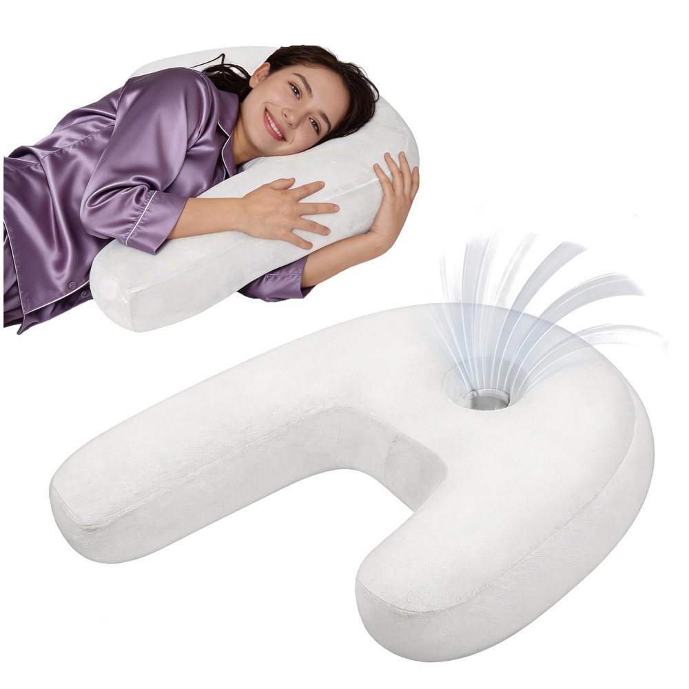 Nockovi J-Shaped Ear Piercing Pillow, 4" Hole, Ergonomic, White Velvet