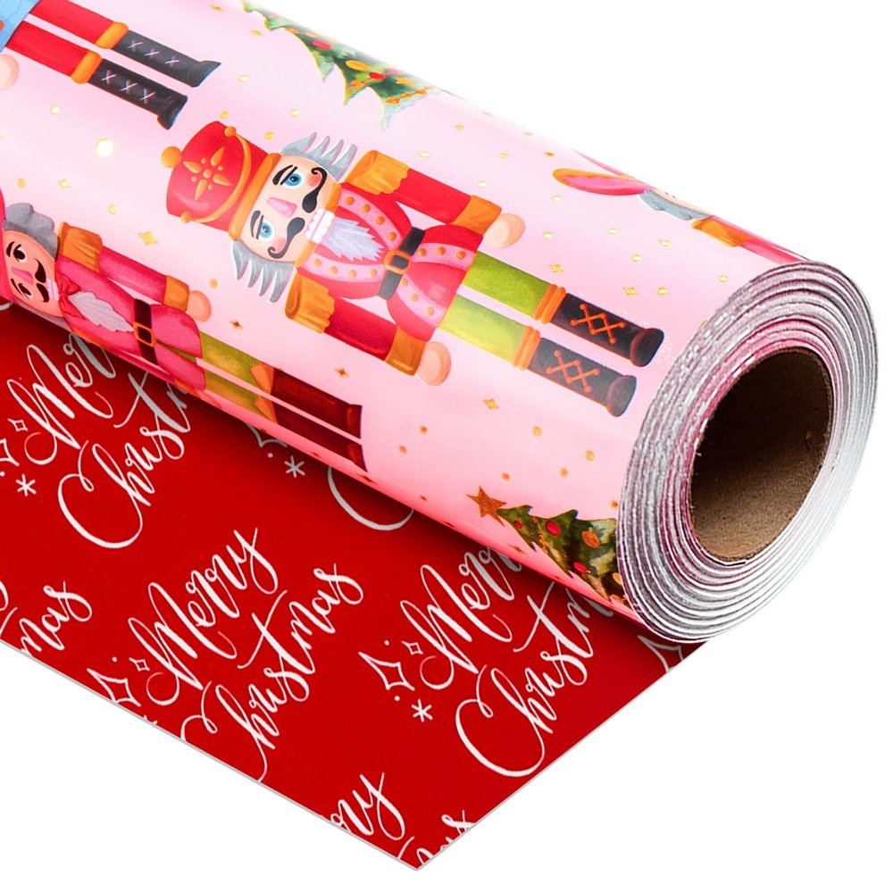 Yarcony Pink Nutcracker Wrapping Paper, Christmas Wrapping Paper, Metallic Foil Vintage Style Christmas Tree, Nutcracker Gift Wrap for Present Packaging, Holiday (Mini Roll, 17 Inch X 33 Feet)