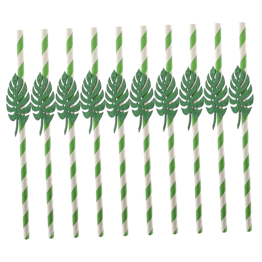 HOLIDYOYO 10pcs Tropical Hawaiian Paper Straws Set Glitter Monstera Leaf Design for Summer Parties Beach Gatherings and Pool Celebrations Disposable and Eco-friendly Drinking Straws
