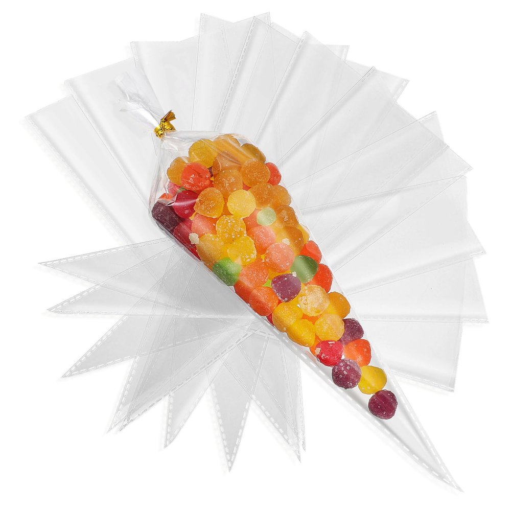 CALLARON 1Set Cone Shaped Clear Cellophane Candy Bags Ties for Candy Packing Party Favors and present Wrapping for Easy Sealing