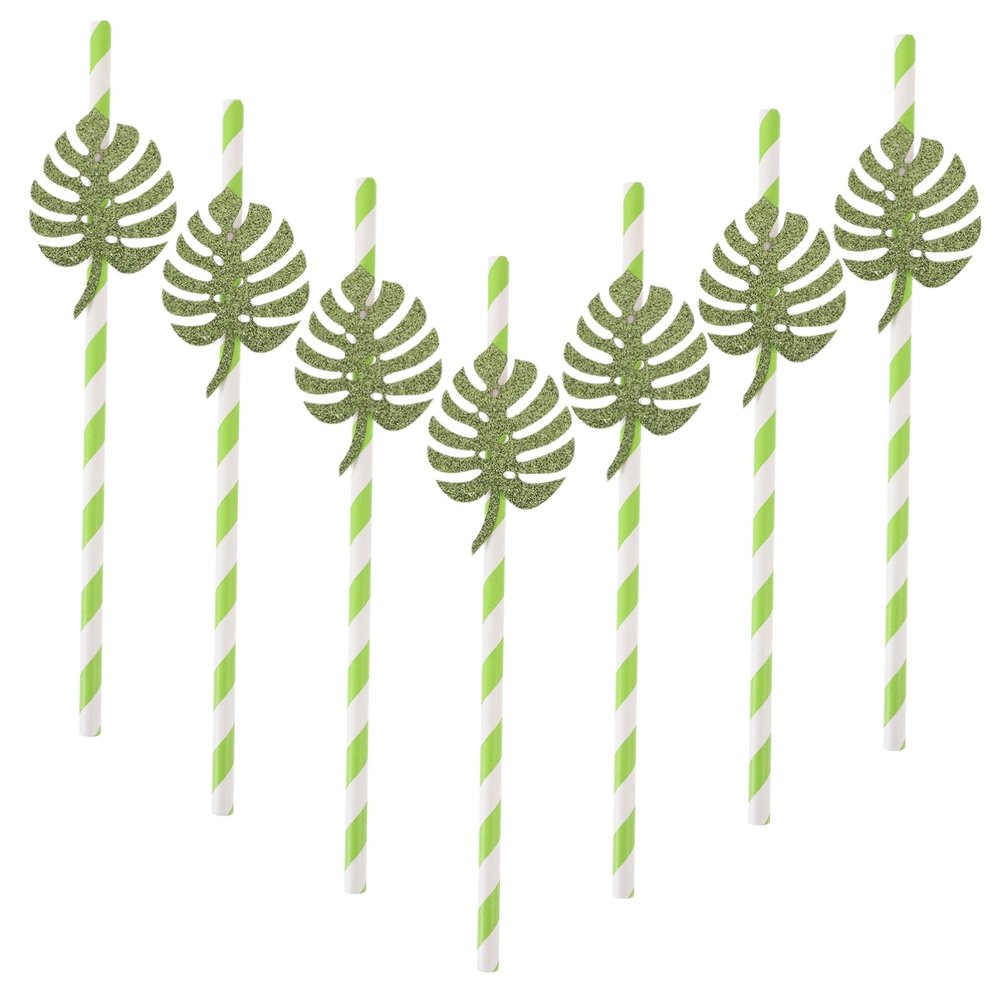 Outanaya 10pcs Tropical Monstera Disposable Drinking Straws Glitter Paper Straws for Weddings and Cocktails Safe and Drink Accessories