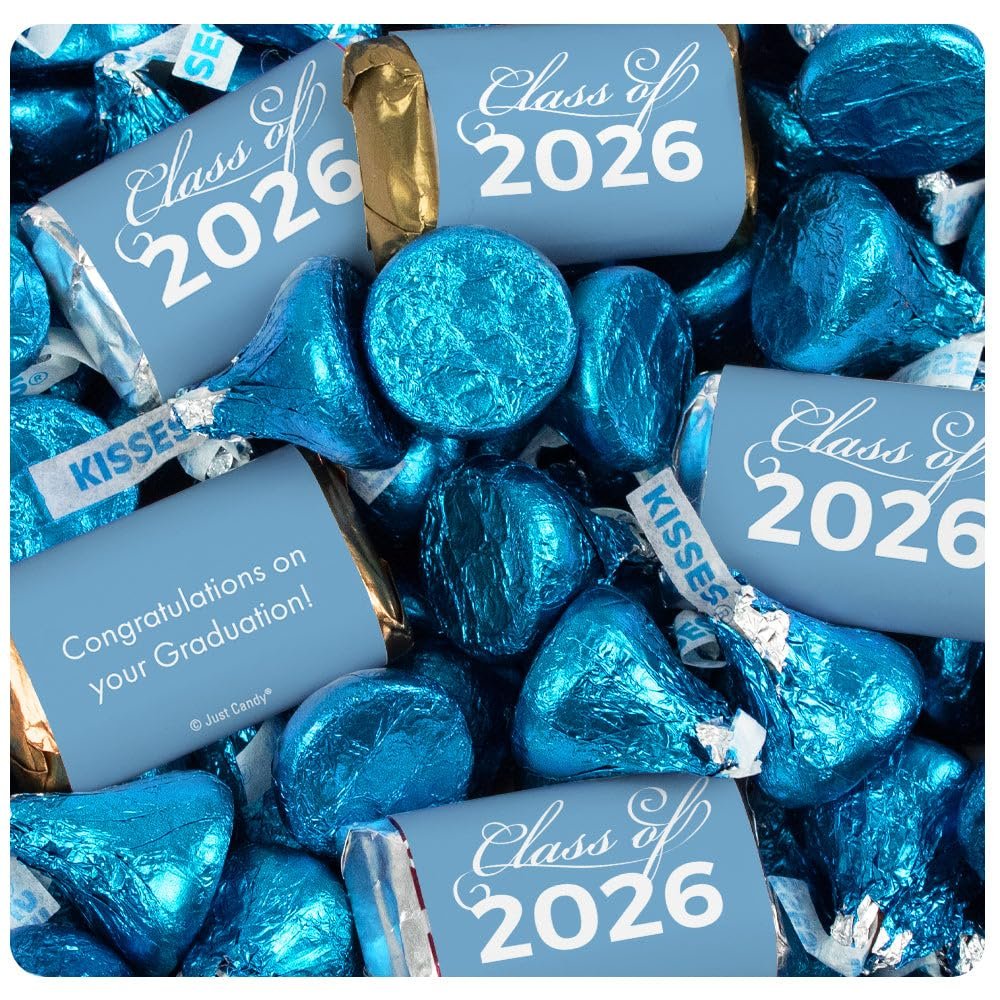 372 Pcs Light Blue Graduation Candy Assortment - Class of 2026 Assorted Wrapped Miniatures & Foiled Kisses For Party Favors, Buffets And Gifts (4.5 lbs)