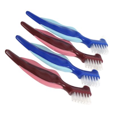 Didiseaon 4pcs Dual-Head Denture Cleaning Brush for Seniors Ergonomic Design Durable Material Portable Travel Red Blue Colors