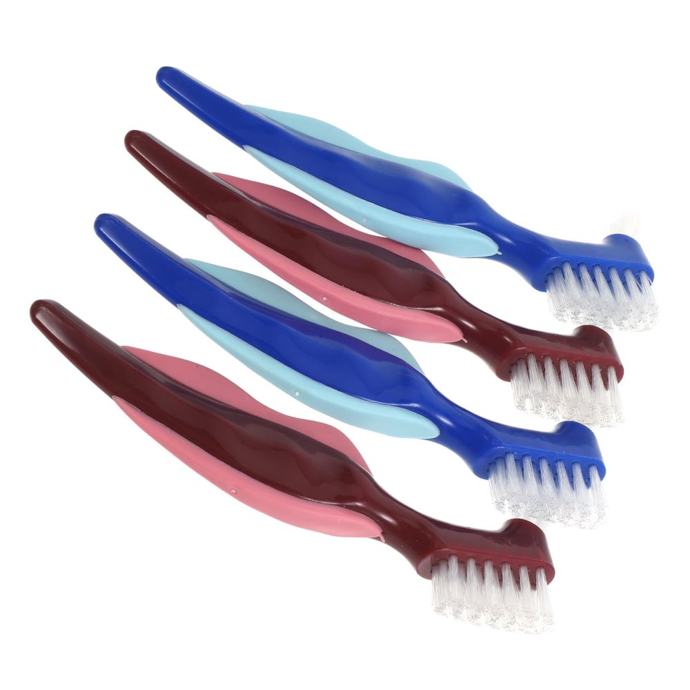 Didiseaon 4pcs Dual-Head Denture Cleaning Brush for Seniors Ergonomic Design Durable Material Portable Travel Red Blue Colors