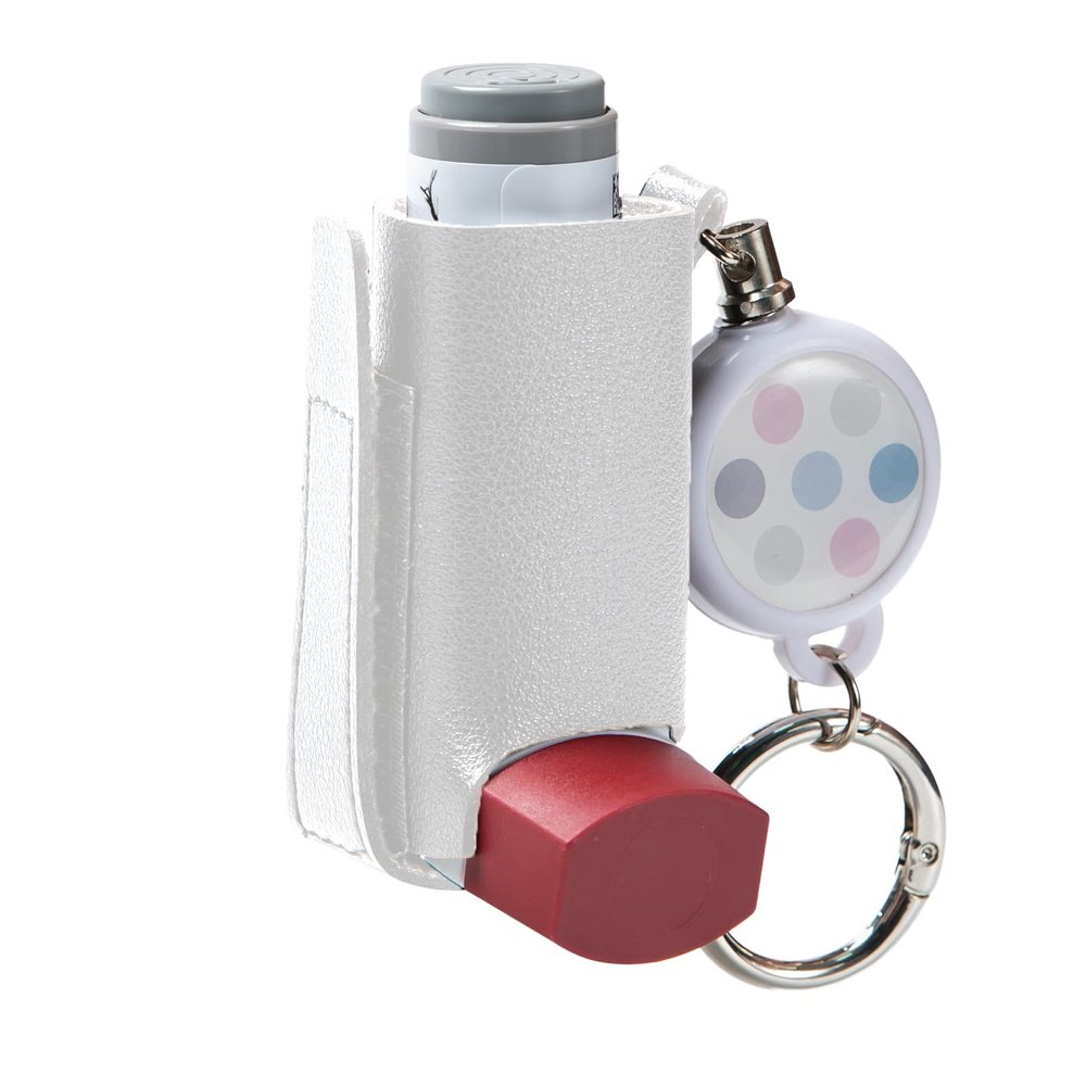 JFGLORIX Asthma Inhaler Holder Keychain Retractable Clip PU Leather Portable Travel Handy Holder for Kids and Adults, Inhaler Not Included (White)