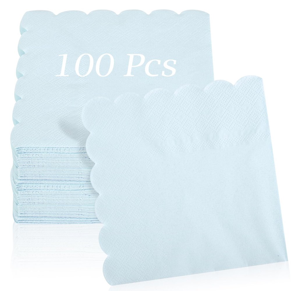 100 Pcs Cocktail Napkins, 2-Ply 5 x 5 Inches Disposable Scalloped Napkins, Thick Premium Dessert Napkins for Party, Wedding, Dinner, Birthday, Anniversary, Festival (Light Blue)
