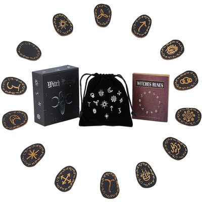 DICOSMETIC 1 Set Wooden Runes Bulk Wood Witch Rune Viking Rune Stone Black Handcrafted Runes with Storage Pouch and Guide Book for Beginners Divination and Meditation