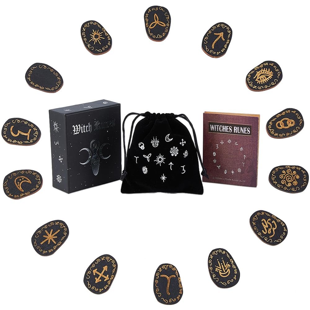 DICOSMETIC 1 Set Wooden Runes Bulk Wood Witch Rune Viking Rune Stone Black Handcrafted Runes with Storage Pouch and Guide Book for Beginners Divination and Meditation