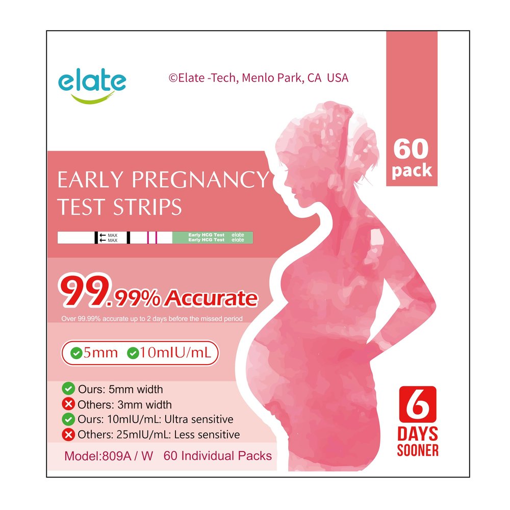 Elate Pregnancy Test Strips 60 Count, Early Detection HCG Test, 10 MIU/ml High Sensitivity, 99.99% Accurate Results, 6 Days Sooner, Easy to Use Home Pregnancy Test Kit