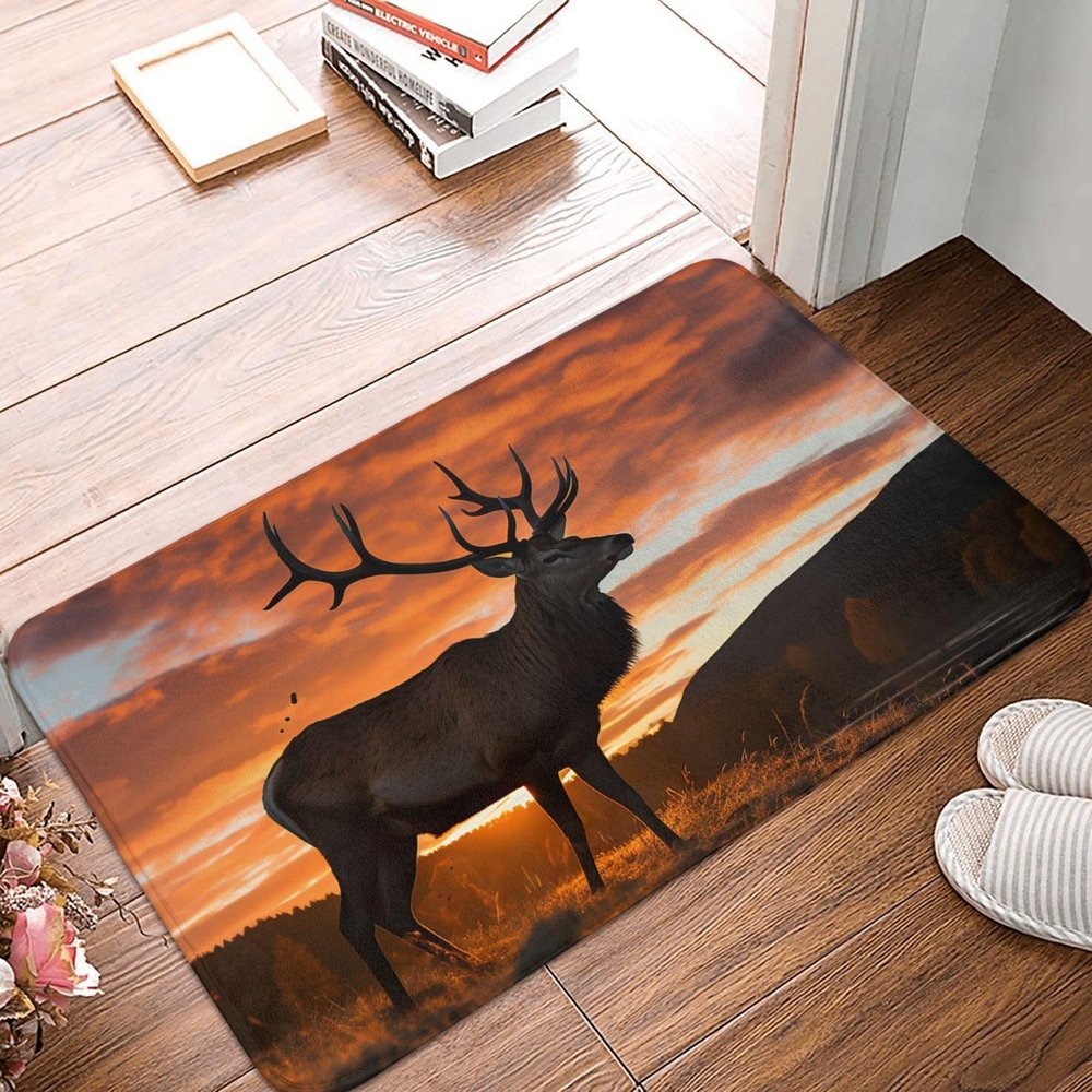 Front Door Mat Indoor Outdoor Welcome Mat, Red Deer Bull Elk Sunset Doormat Easy Clean Entryway Mats Stain and Fade Resistant Entry Rug Absorbent Flannel Bath Mats 16 x 24 Inch