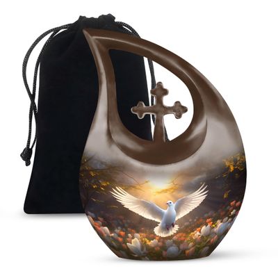 JAGLASH Flying Dove Bird Funeral Urns for Adult Male - White and Orange Flowers Large Cross Drop Ash Holder for Cremains - Brown Urn for Adult Female Ashes with Velvet Bag, 10 Inch