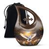 JAGLASH Flying Dove Bird Funeral Urns for Adult Male - White and Orange Flowers Large Cross Drop Ash Holder for Cremains - Brown Urn for Adult Female Ashes with Velvet Bag, 10 Inch view 1