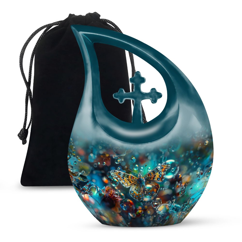JAGLASH Butterfly Cremation Urn for Human Ashes Adult Mother & Father - Memorial Cross Drop Urn for Husband & Wife - Large Urns for Funeral(10 Inch)