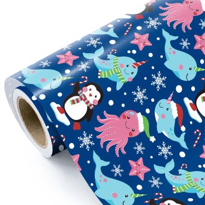 WRAPAHOLIC Ocean Christmas Wrapping Paper - Mini Roll - 17 Inch x 16.5 Feet - Animal Under the Sea Wrapping Paper for Christmas Holiday, Party Celebration