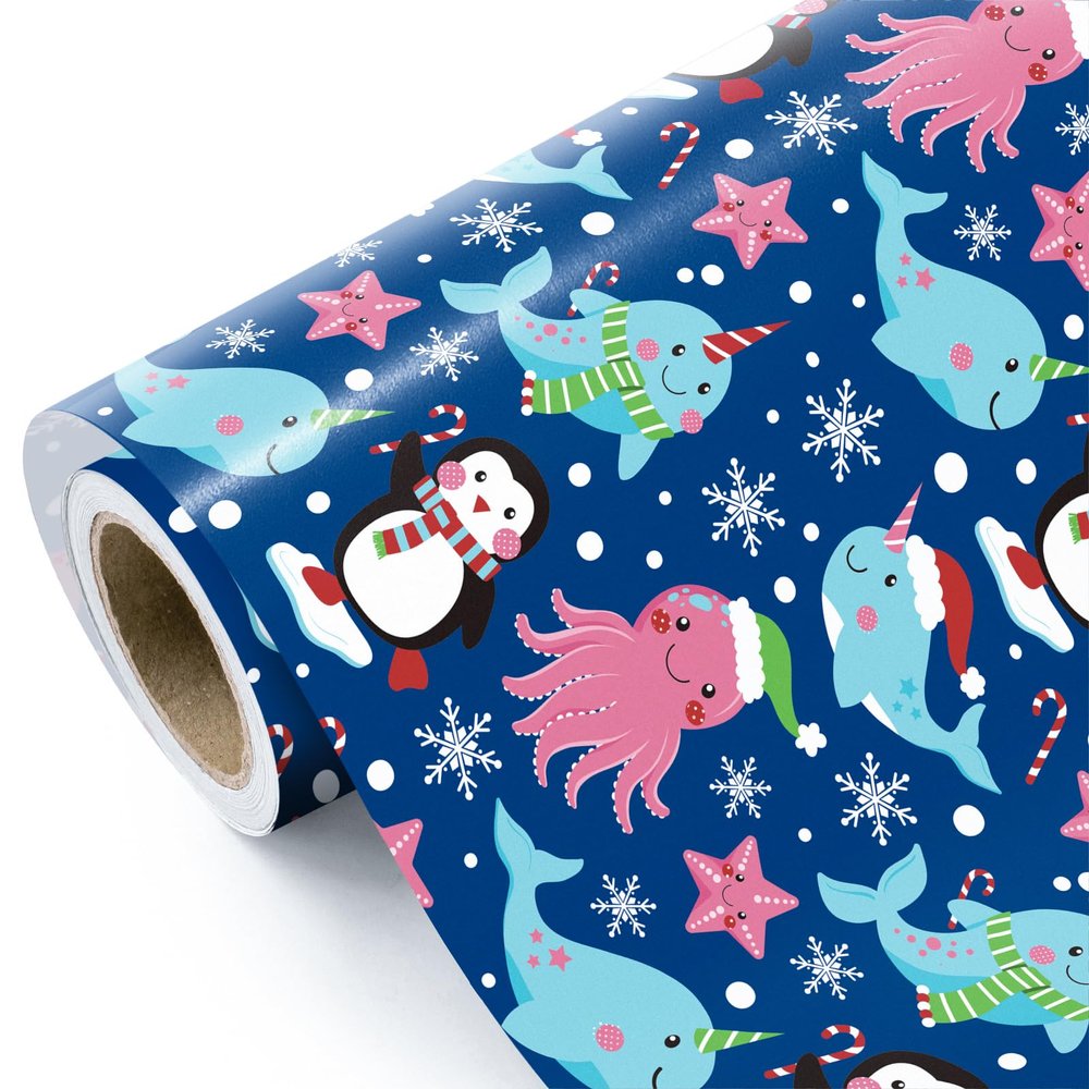 WRAPAHOLIC Ocean Christmas Wrapping Paper - Mini Roll - 17 Inch x 16.5 Feet - Animal Under the Sea Wrapping Paper for Christmas Holiday, Party Celebration