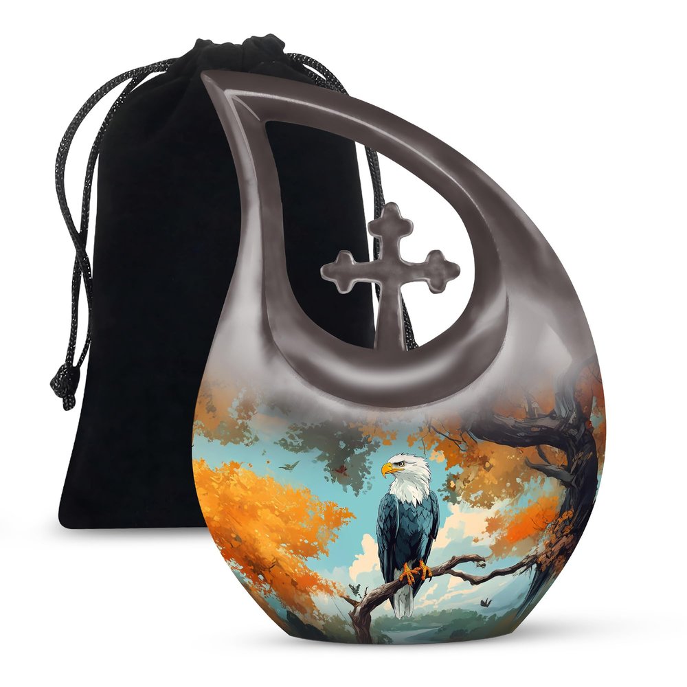 JAGLASH Eagle Cremation Urns for Adult Ashes Women - Blue Memorial Urns for Human Ashes Adult Man - Large Orange Leaf Funeral Urn - Burial Urn for Loss of Loved One - 10 Inch(Cross Drop)