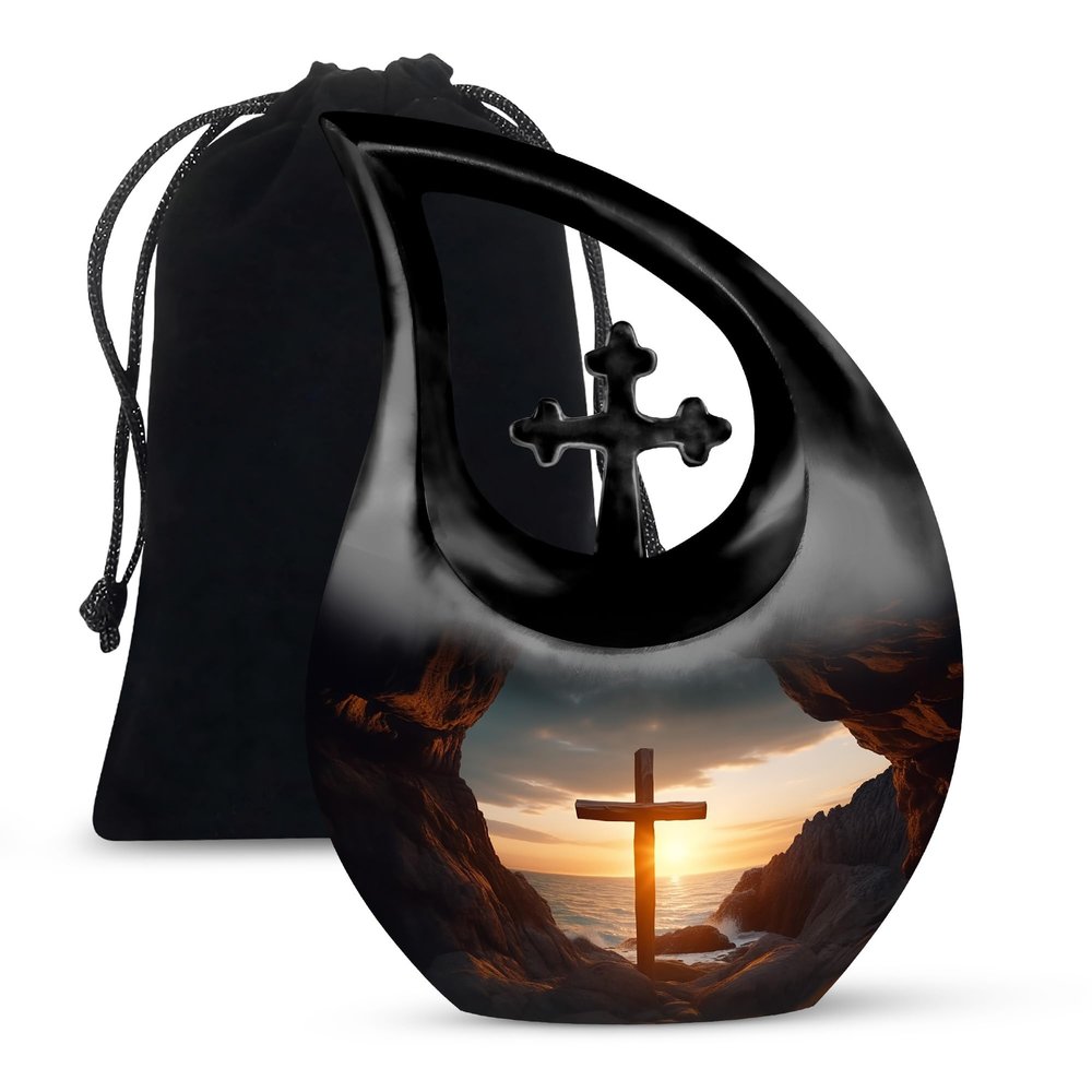 JAGLASH Cross Cremation Urns for Adult Ashes Women - Large Grey Memorial Urns for Adult Male - Cross Drop Funeral Urn for Human Ashes - Ocean Burial Urn for Mother & Father -10 Inch