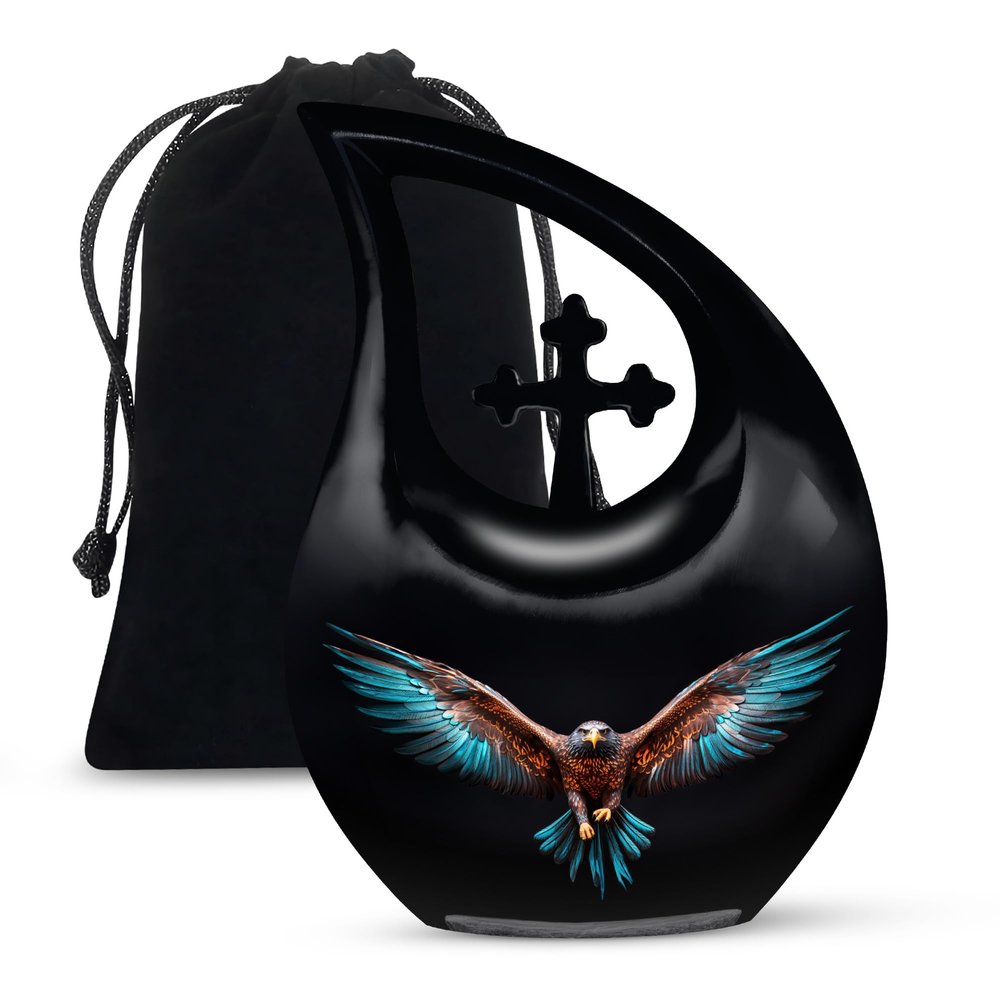 JAGLASH Blue Eagle Cremation Urns for Men and Women - Large Cross Drop Funeral Urn for Grandmother & Grandfather - Urn for Human Ashes, Holds 180 Cubic - Memorial Gifts for Loss of Mom, 10 Inch