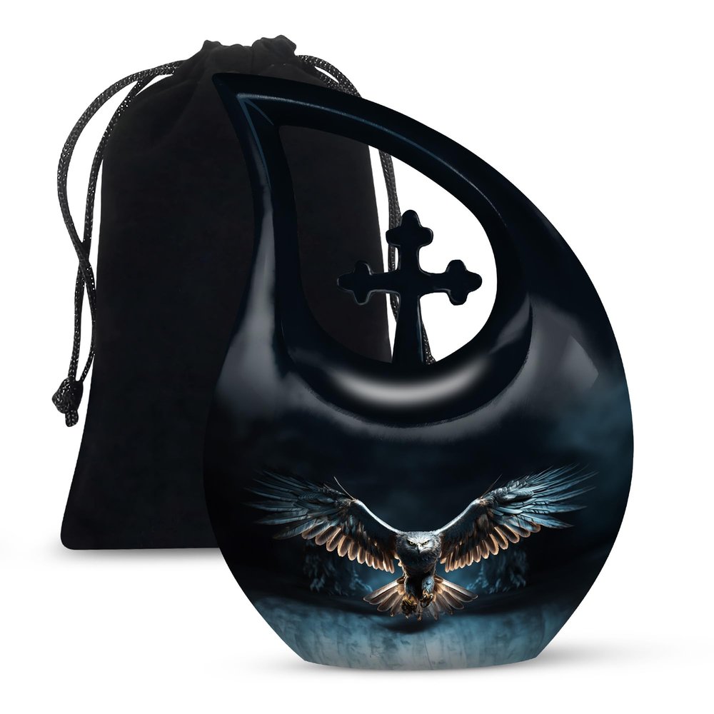 JAGLASH Eagle Cremation Urns for Women and Men - Large Cross Drop Burial Urn for Adult Male Ashes - Black Funeral Urn for Daughter and Son - Memorial Gifts for Loss of Mom and Dad, 10 Inch