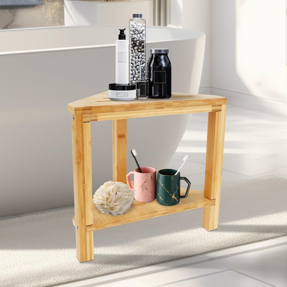 CUAJHNPX Corner Shower Foot Stool for Shaving Legs Bathroom Foot Rest Bench Shower Storage Shelf Bamboo Small Step Stools Seat for Spa Shampoo Towels