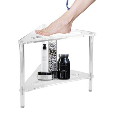 CUAJHNPX Acrylic Shower Stool for Shaving Legs Heavy Duty 220Lbs Non Slip Corner Shower Bench with Storage Shelf Easy Assemble Bath Foot Rest for Small Spaces Clear 15 35 X15 63 X14 37