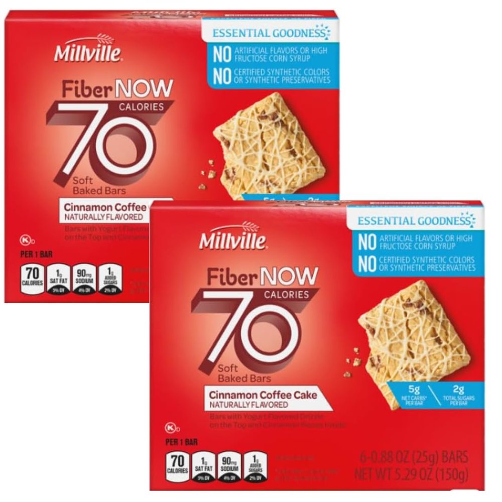 2 Box - Fiber Now 70 Calorie Cinnamon Coffee Cake Bars 1 Box (5.29 oz / 150g), 6 Soft Baked Bars High Fiber Snack, Low Calorie Sweet Treat, Individually Wrapped Breakfast & On-The-Go Snack
