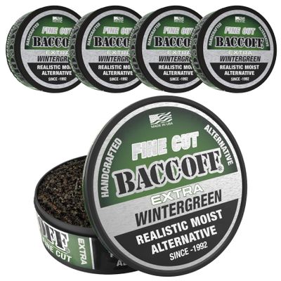 5 Cans, BaccOff Extra Wintergreen Fine Cut, Bold Wintergreen Flavor