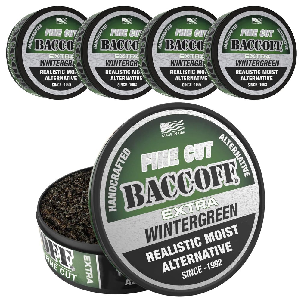5 Cans, BaccOff Extra Wintergreen Fine Cut, Bold Wintergreen Flavor