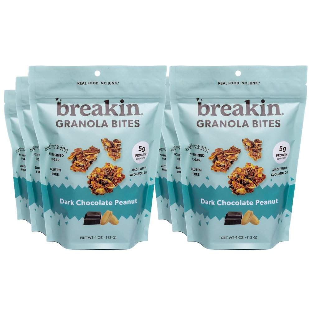Breakin Snacks Dark Chocolate Granola Bites | Soft-Baked | Gluten Free Snack For Kids and Adults with Organic Oats, Honey, Peanuts, and Dark Chocolate | No Refined Sugar, Seed Oil, Soy, or Dairy | Protein and Fiber Rich Snack 6 Pack (4oz Each)