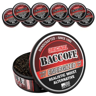 10 Cans, BaccOff Original Energized Fine Cut, Bold, Natural, Smoky Flavors with Caffeine and B Vitamins