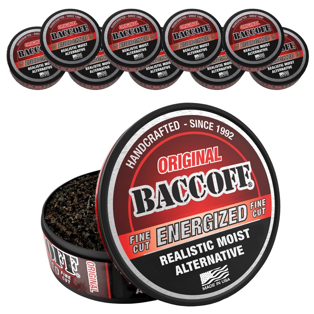 10 Cans, BaccOff Original Energized Fine Cut, Bold, Natural, Smoky Flavors with Caffeine and B Vitamins