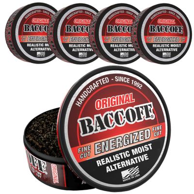 5 Cans, BaccOff Original Energized Fine Cut, Bold, Natural, Smoky Flavors with Caffeine and B Vitamins