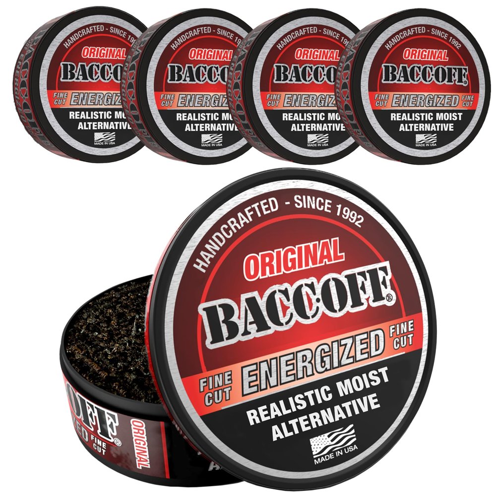 5 Cans, BaccOff Original Energized Fine Cut, Bold, Natural, Smoky Flavors with Caffeine and B Vitamins