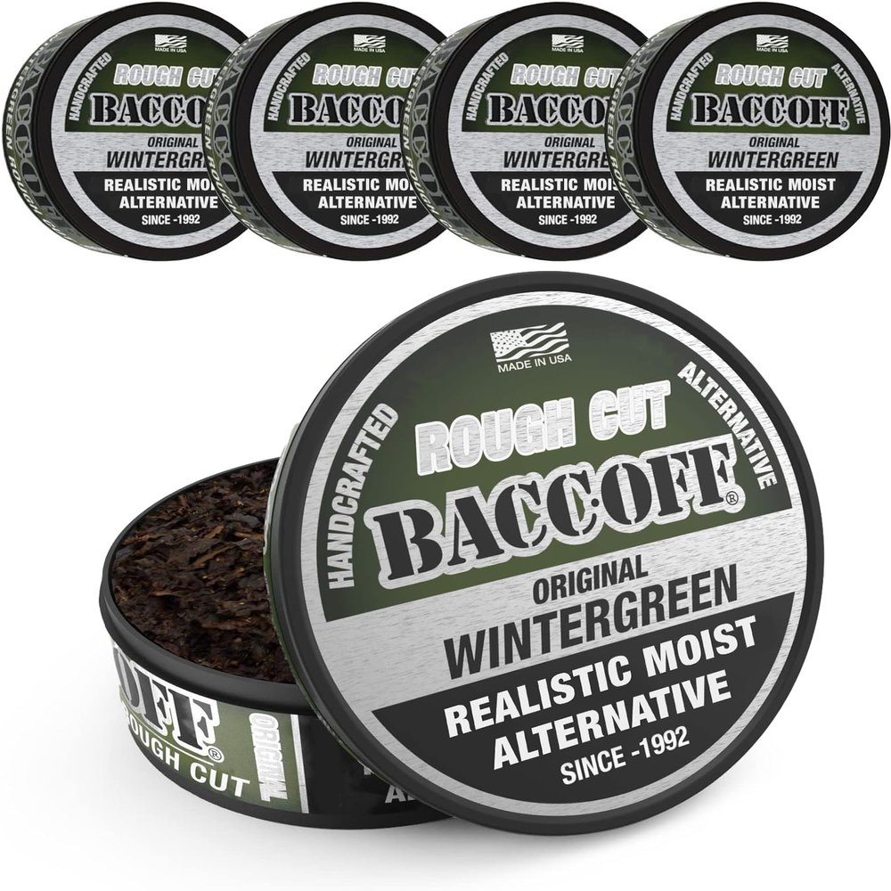 5 Cans, BaccOff Wintergreen Rough Cut, Mild and Refreshing Wintergreen Flavor