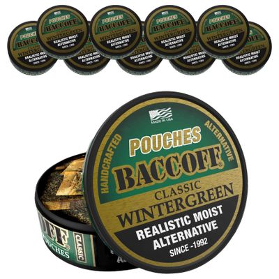 10 Cans, BaccOff Wintergreen Pouches, Strong Wintergreen and Salty, Rich Flavors, 16 Pouches Per Can