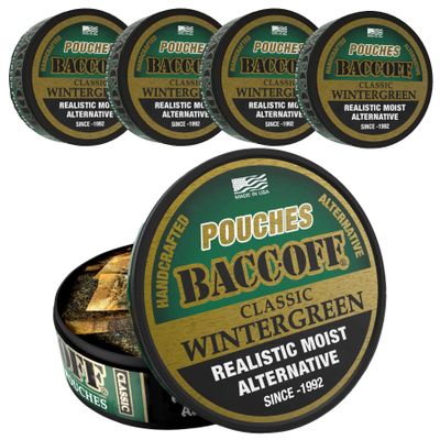 5 Cans, BaccOff Wintergreen Pouches, Strong Wintergreen and Salty, Rich Flavors, 16 Pouches Per Can