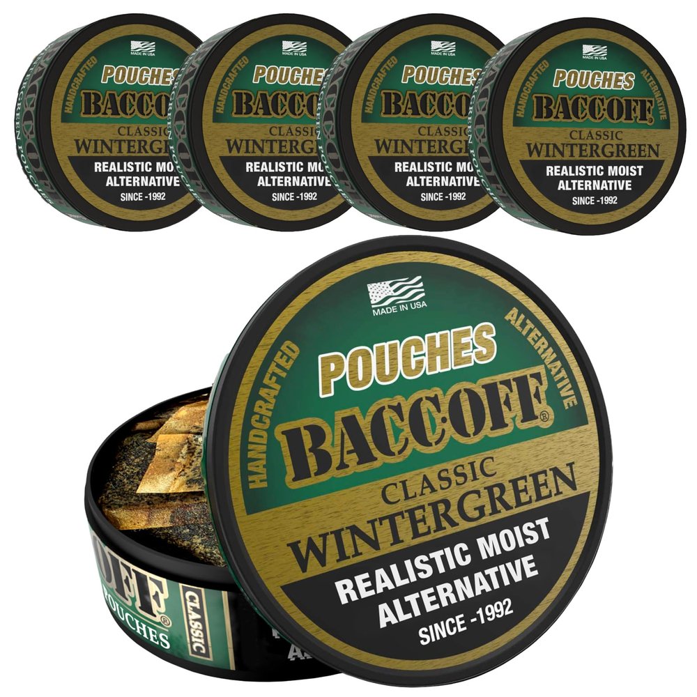5 Cans, BaccOff Wintergreen Pouches, Strong Wintergreen and Salty, Rich Flavors, 16 Pouches Per Can