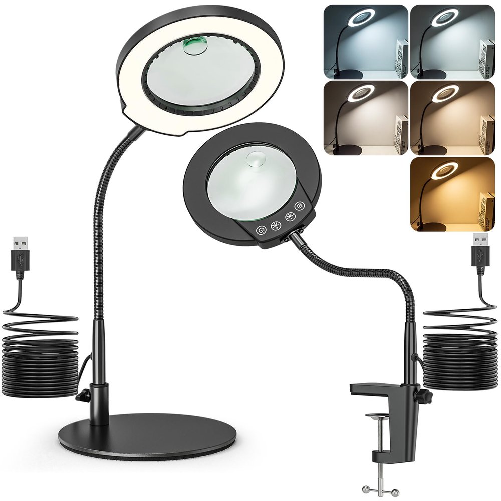10X 15X Magnifying Glass with Light and Stand, 5 LED Color Modes Stepless Dimmable, Flexible Gooseneck Lighted Magnifying Glass with C-Clamp and Mental Base for Craft Close Work Sewing Reading