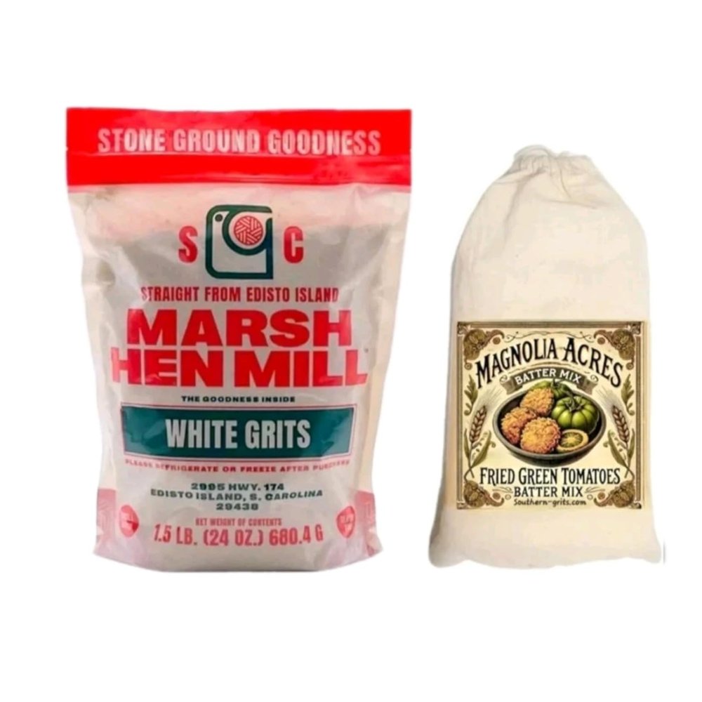 Marsh Hen Mill White Grits and Magnolia Acres Fried Green Tomatoes Batter Mix, Southern Cooking Bundle, 24 oz Grits