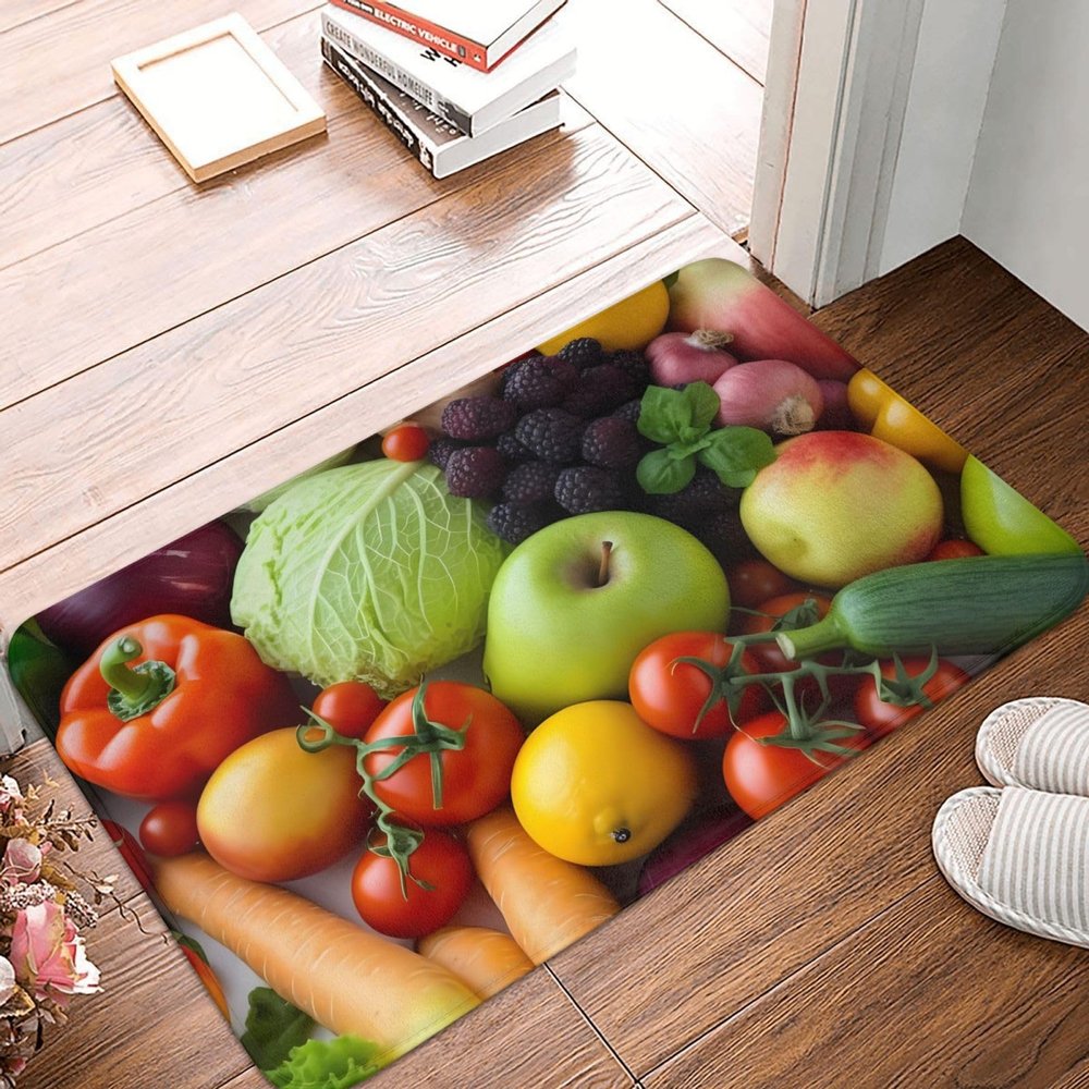 Front Door Mat Indoor Outdoor Welcome Mat, Fresh Fruits and Vegetables Doormat Easy Clean Entryway Mats Stain and Fade Resistant Entry Rug Absorbent Flannel Bath Mats 16 x 24 Inch