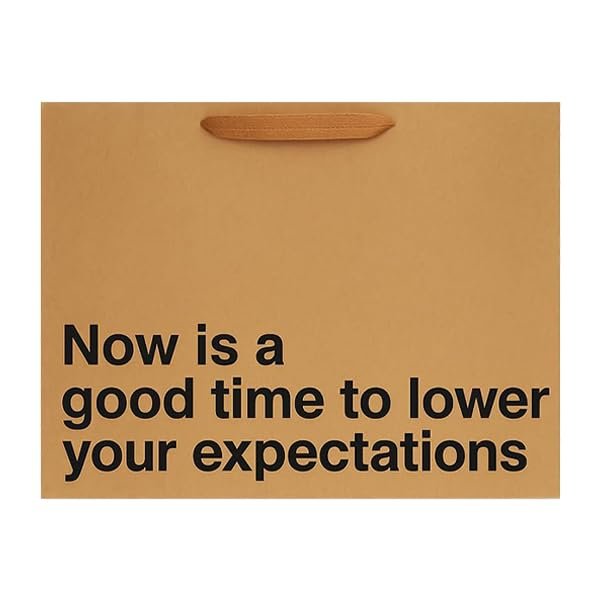 MilkToast Brands Funny Gift Bag, 16" x 6" x 12" Size, "Now is a good time to Lower Your Expectations", Large Kraft Paper Bag with Sarcastic Phrases, Funny Gift Bag for Mother's Day, Birthdays, Graduation
