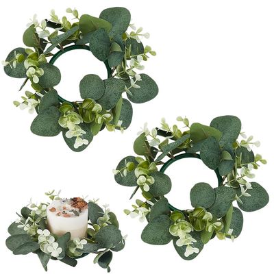 AHANDMAKER 2Pcs Artificial Eucalyptus Wreath, 9" Candle Rings, Spring Summer Green Mixed Round Leaf Wreath for Wall Window Festival Farmhouse Porch Patio Garden Wedding Decor