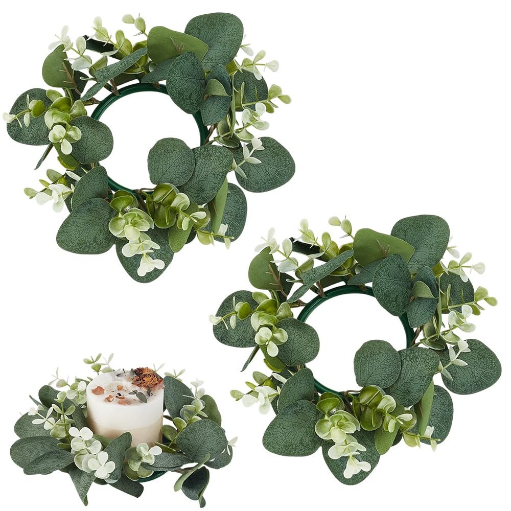 AHANDMAKER 2Pcs Artificial Eucalyptus Wreath, 9" Candle Rings, Spring Summer Green Mixed Round Leaf Wreath for Wall Window Festival Farmhouse Porch Patio Garden Wedding Decor