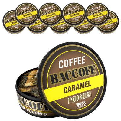 10 Cans, BaccOff Caramel Coffee Pouches, 50 MG of Caffeine Per Serving, Sweet, Buttery Caramel with Dark Coffee Flavors, 16 Pouches Per Can