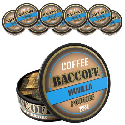 10 Cans, BaccOff Vanilla Coffee Pouches, 50 MG of Caffeine Per Serving, Natural Vanilla Bean Flavor, Coffee and Cream Flavors, 16 Pouches Per Can