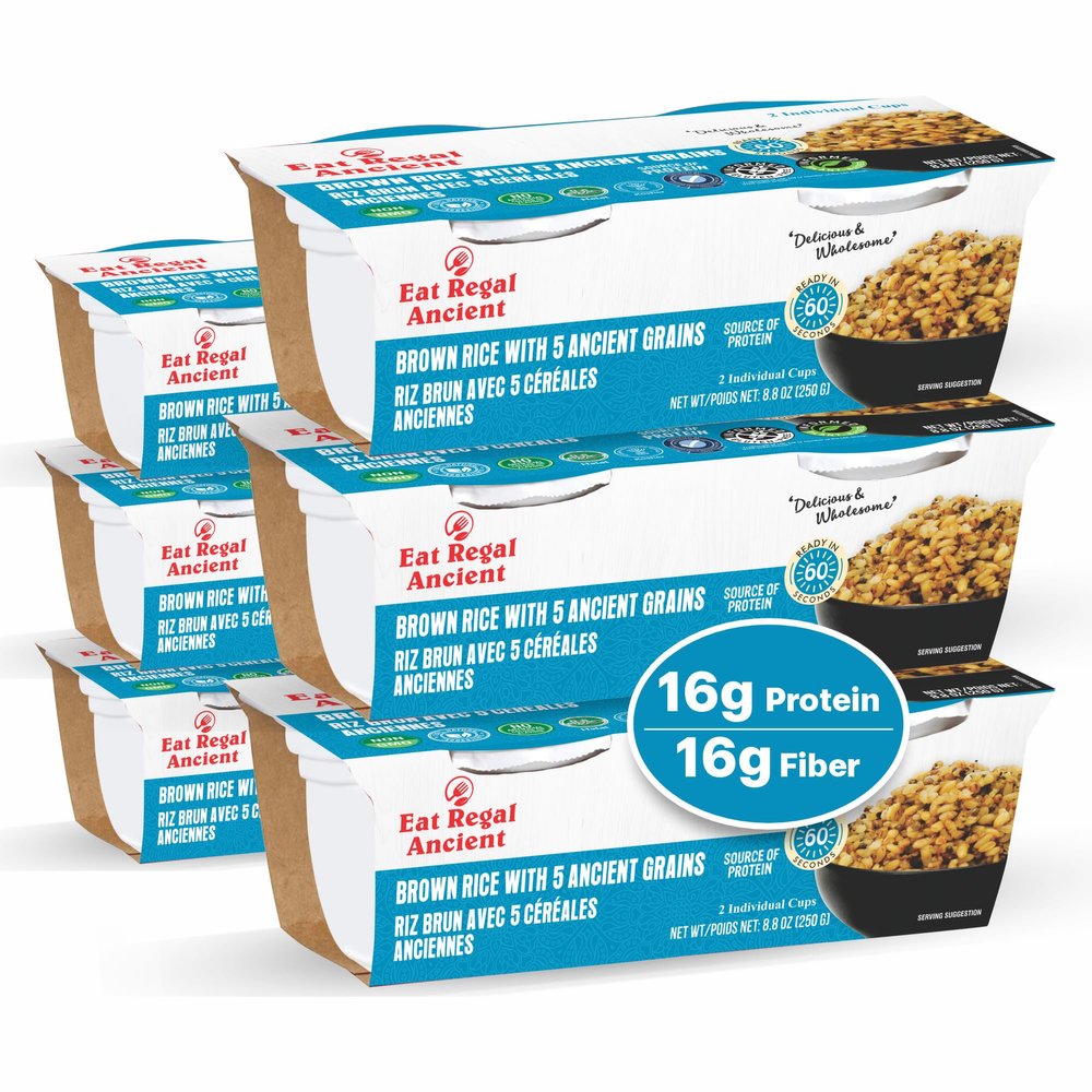 Eat Regal Brown Rice with 5 Ancient Grains Cups, Always Fluffy, No Clump & No Kneading, Ready in 1 Minute, 16g Protein 16g Fiber, Vegan Gluten-Free Non-GMO, 8.8oz (2125g), Pack of 6