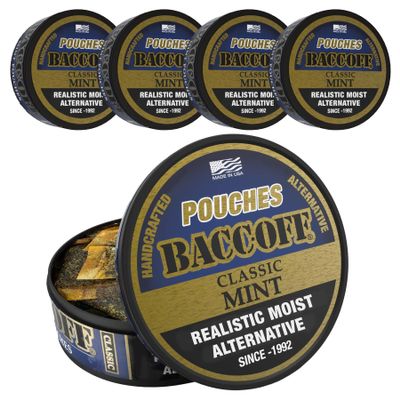 5 Cans, BaccOff Mint Pouches, Black Tea Base with Smooth, Strong Mint and Classic Flavors, 16 Pouches Per Can